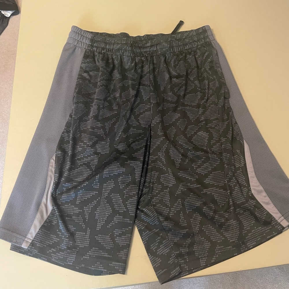 Black/gray TekGear shorts with drawstrings and pockets